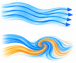Smooth parallel streamlines above, two streams folding into each other below