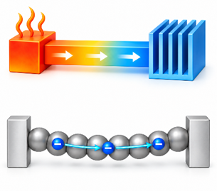 Heat flowing from a hot to a cold block and charge moving along a chain of particles